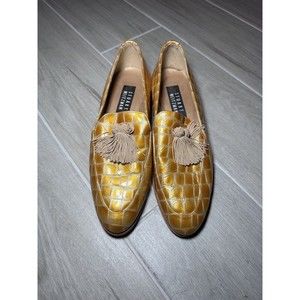Rare Stuart Weitzman Alligator Embossed Loafer Shoes Size 7 Tassels Gold Slip On